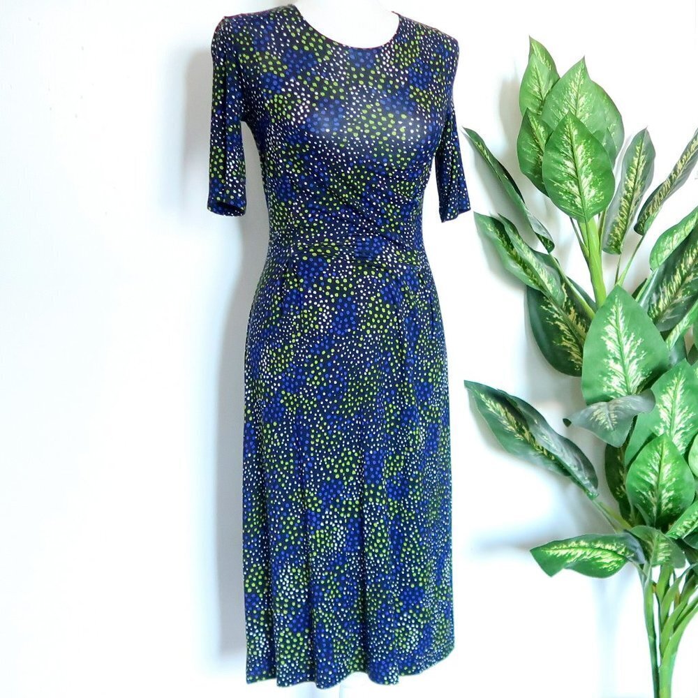 Agnes B. Paris Jersey Knit Polka Dot Elastic Scoop Neck Short Sleeve Midi Dress
